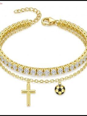 14K Gold Tennis Bracelet Cross Soccer Charm Adjustable Women